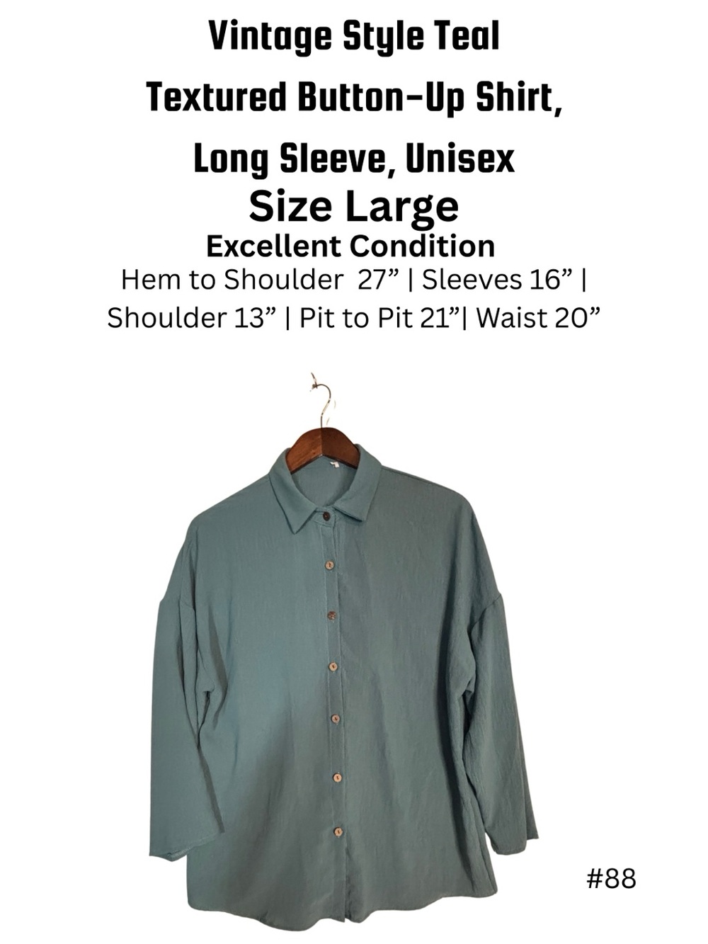 Textured Teal Button-Up Shirt Long Sleeve Casual Collared Top Size Large